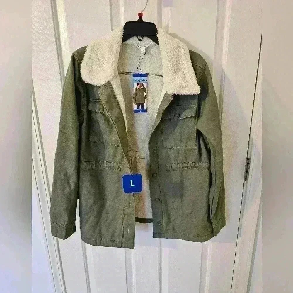 Hang Ten NWT Women's Utility Fleece lined Jacket Plush Collar Olive Size L